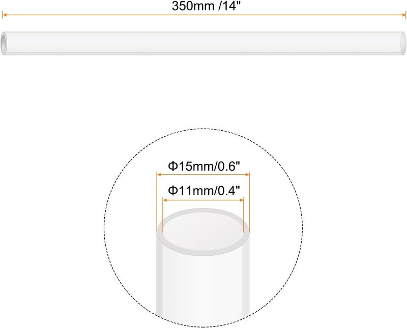 Rebower 14" Clear Plastic Rigid Pipe 11mm ID x 15mm OD (0.4" ID x 0.6" OD) Acrylic Round Polycarbonate Tubing, [for Plumbing, Hydraulics, Aquarium] - 2Pcs - Image 2